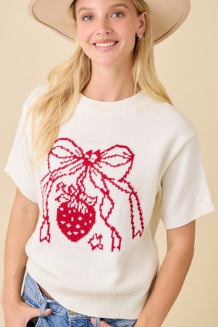 Strawberry Bow Boxy Sweater Knit Short Sleeve Top - Main Strip - RARA Boutique 