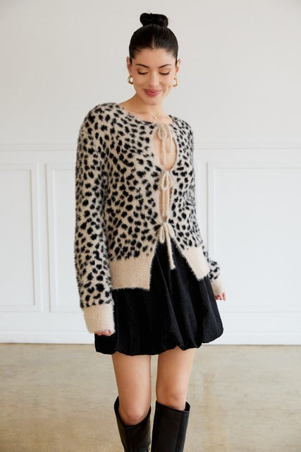 Front Tie Leopard Print Plush Knit Cardigan - Sunday Edition - RARA Boutique 