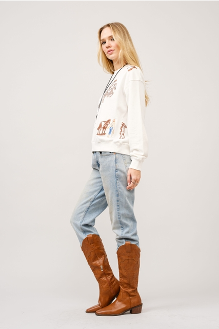 Embroidered Western Cowgirl Graphic Pullover Sweatshirt - Blue B - RARA Boutique 