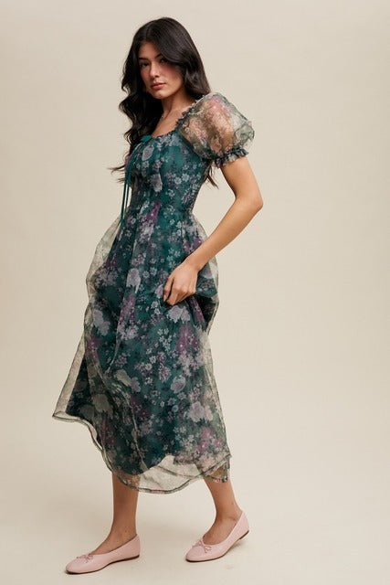 Organza Puff Sleeve Floral Print Maxi Dress - Listicle - RARA Boutique 