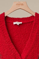 Mello Christmas Tree embroidered soft cardigan featuring festive holiday design and cozy knit fabric, perfect for winter wear.
