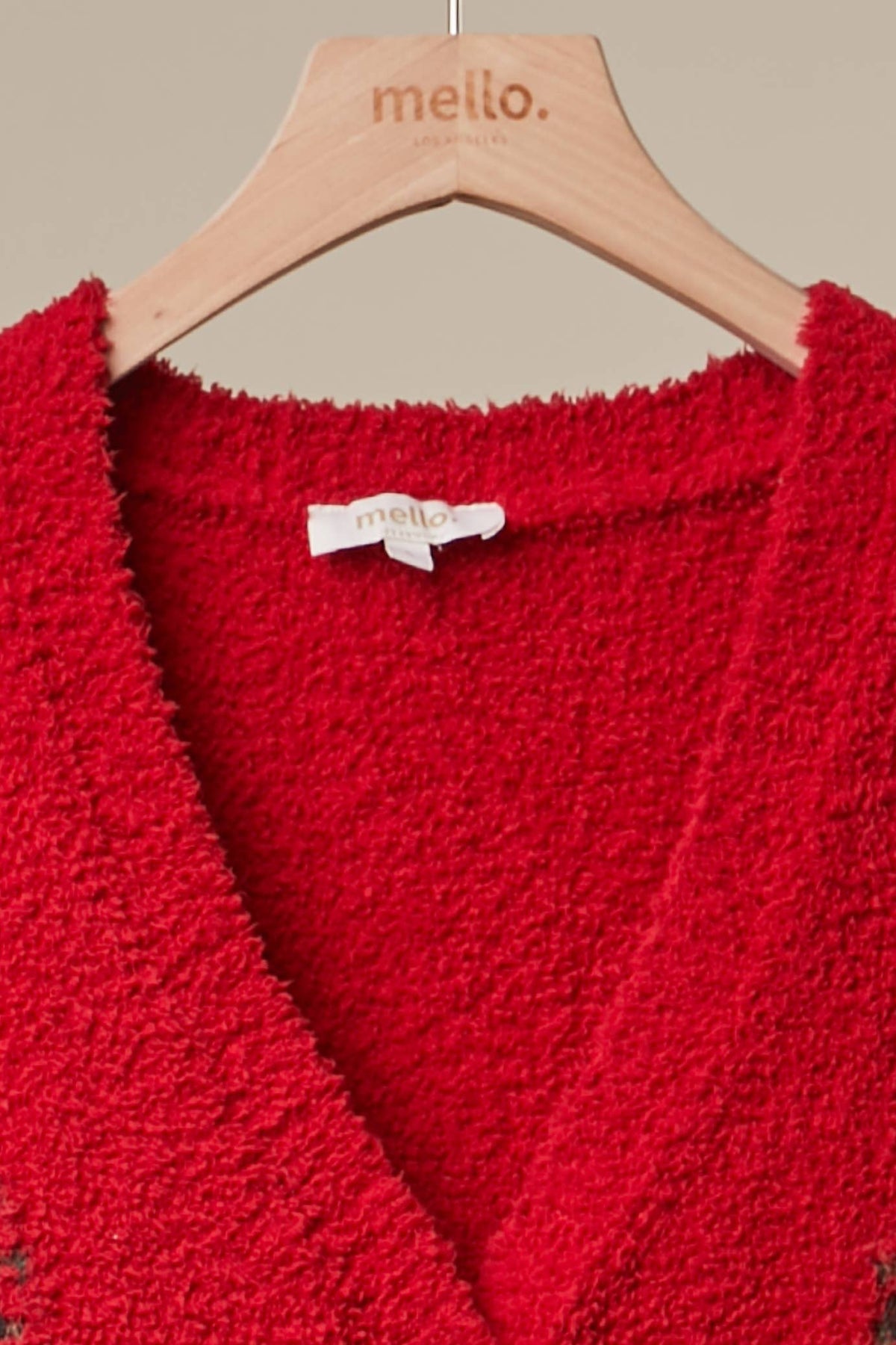 Mello Christmas Tree embroidered soft cardigan featuring festive holiday design and cozy knit fabric, perfect for winter wear.