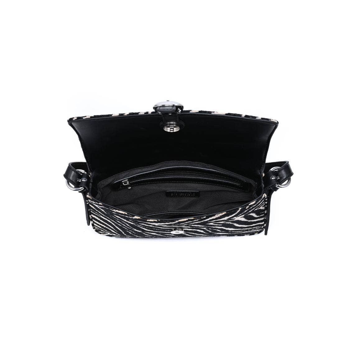 Urban Expressions Tuesday Gloria zebra shoulder bag with adjustable strap and bold black-and-white zebra print.