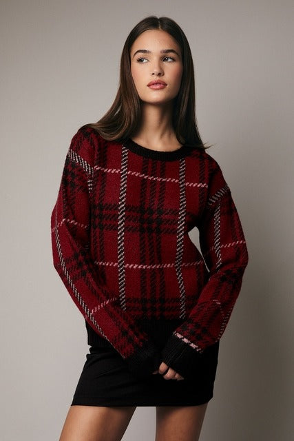 Plaid Long Sleeve Knit Christmas Sweater - Sunday Edition - RARA Boutique 