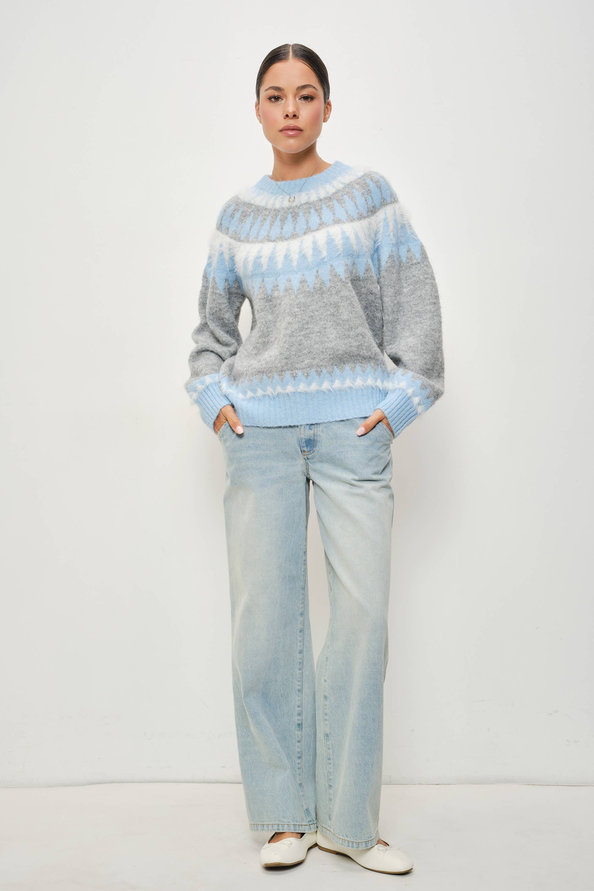 Pretty Garbage Kenzie Faire Isle crewneck pullover, soft knit fabric, in a cozy, casual fit, shown in a neutral color.