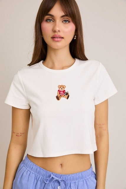 Embroidered Football Teddy Bear Baby Tee - Le Lis - RARA Boutique 