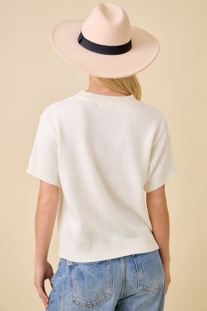 Strawberry Bow Boxy Sweater Knit Short Sleeve Top - Main Strip - RARA Boutique 