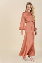 Satin Long Sleeve Top with Maxi Skirt Set - RARA Boutique 