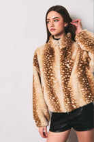 LE LIS faux deer print high neck zip jacket showing a stylish high collar, front zipper, and faux deer pattern fabric.