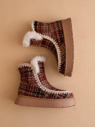OASIS SOCIETY Joyce mocha tweed shearling trim platform winter boot showing shearling-lined upper and sturdy sole.