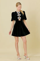 Cluster Rhinestone Bow Cutout Velvet Mini Dress - Main Strip - RARA Boutique 