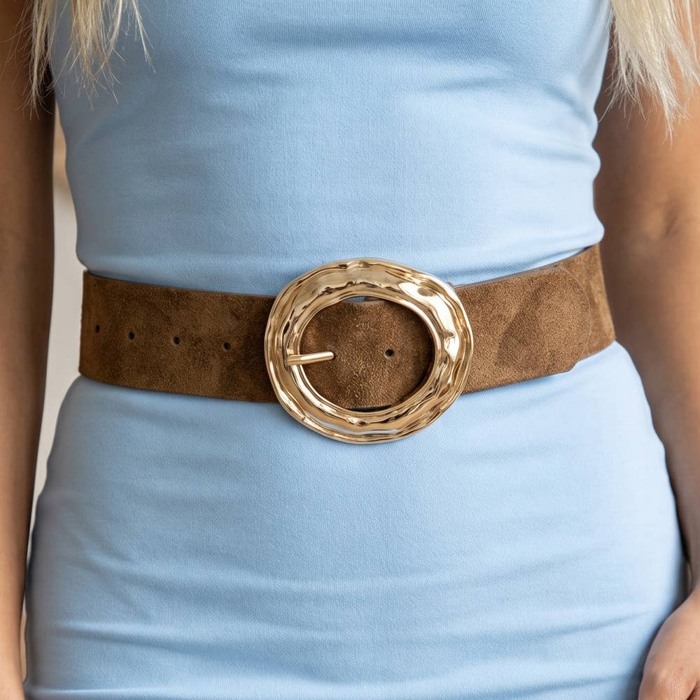 Suede hammered round buckle belt from Collections by Fame Accessories featuring a soft brown strap and textured metal buckle