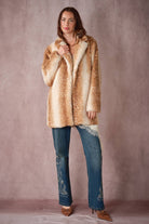Blue B 25046J deer print faux fur coat featuring a soft, plush texture with a stylish deer pattern and a cozy fit.