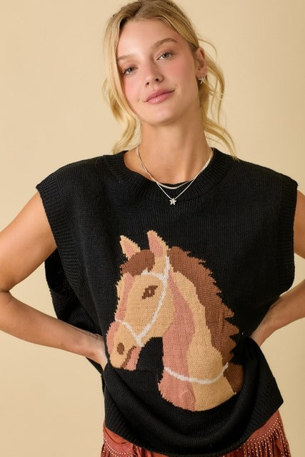 Western Horse Oversized Sleeveless Sweater Vest Top - Main Strip - RARA Boutique 