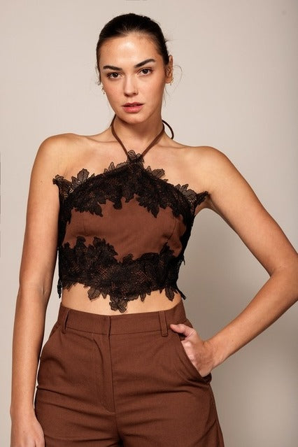 Floral Lace Trim Halter Neck Crop Top - EB Luxe - RARA Boutique 