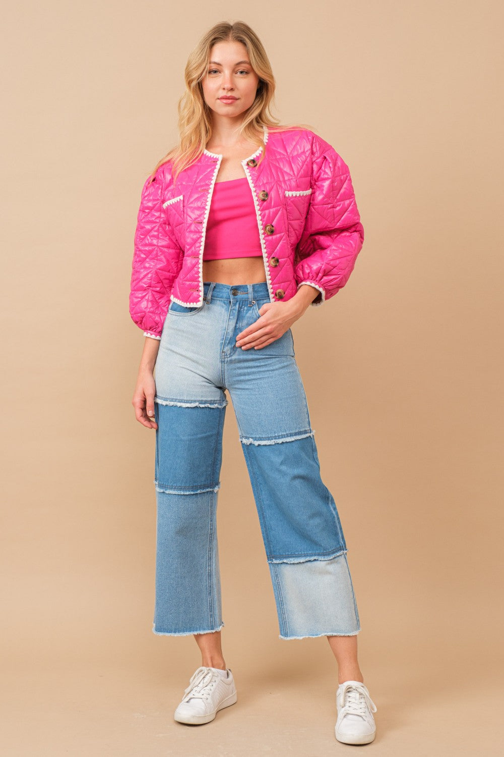 High Waisted Color Block Distressed Frill Edges Twill Jeans - RARA Boutique 