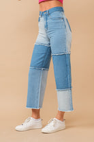 High Waisted Color Block Distressed Frill Edges Twill Jeans - RARA Boutique 