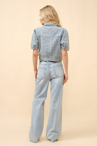 Short Sleeve Denim Button Up Rhinestone Jewel Shirt Jacket - RARA Boutique 