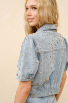 Short Sleeve Denim Button Up Rhinestone Jewel Shirt Jacket - RARA Boutique 