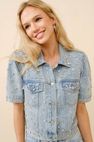 Short Sleeve Denim Button Up Rhinestone Jewel Shirt Jacket - RARA Boutique 