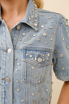 Short Sleeve Denim Button Up Rhinestone Jewel Shirt Jacket - RARA Boutique 