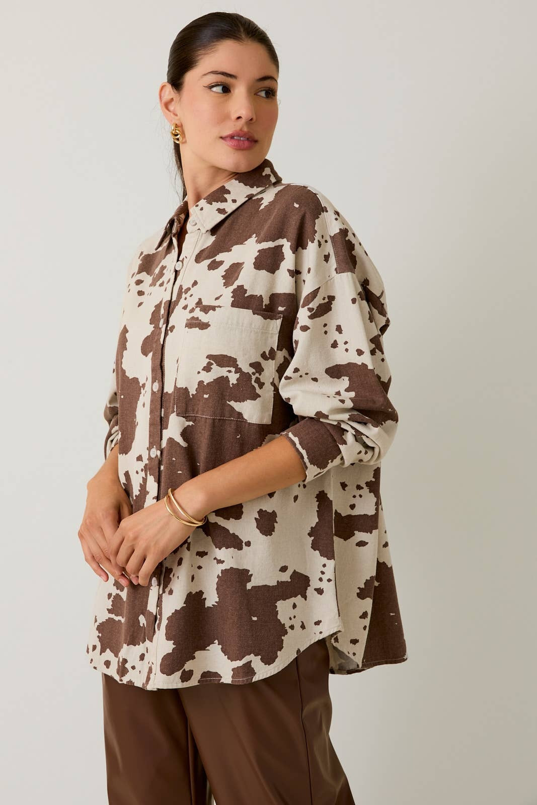 Oversized Cow Print Denim Long Sleeve Button Down Shirt - Sunday Edition - RARA Boutique 