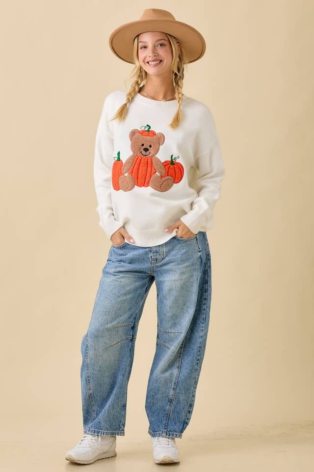 Textured Pumpkin Teddy Bear Embroidered Patchwork Sweater - Main Strip - RARA Boutique 