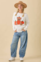 Textured Pumpkin Teddy Bear Embroidered Patchwork Sweater - Main Strip - RARA Boutique 