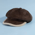 Vegan suede newsboy cabbie hat with plush trim in beige, stylish accessories by Collections by Fame.