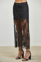 Layered denim lace contrast midi skirt from RARA Boutique featuring a stylish, layered design and feminine lace details.