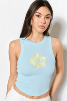 RARA Boutique embroidered hibiscus flower ribbed tank top with colorful floral embroidery on a fitted sleeveless design
