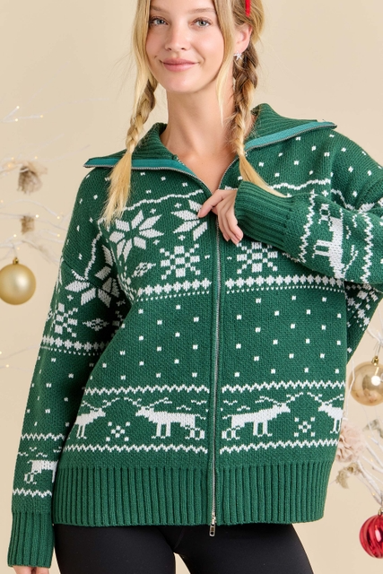 Christmas Faire Isle Knit Sweater Jacket - Main Strip - RARA Boutique 