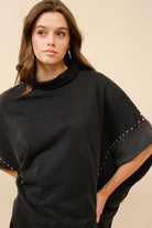 Studded Turtleneck Dolman Sleeve Sweatshirt - Blue B - RARA Boutique 