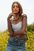 Bead and Pearl Embellished Long Sleeve Mesh Top - RARA Boutique 