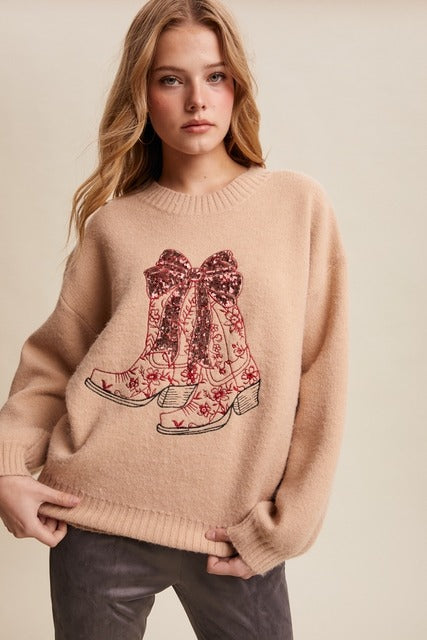 Sequin Bow Western Cowboy Boots Embroidered Sweater - Listicle - RARA Boutique 