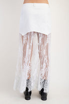 Layered denim and lace contrast midi skirt by RARA Boutique, featuring a stylish design with a flowy silhouette and detailed hem.