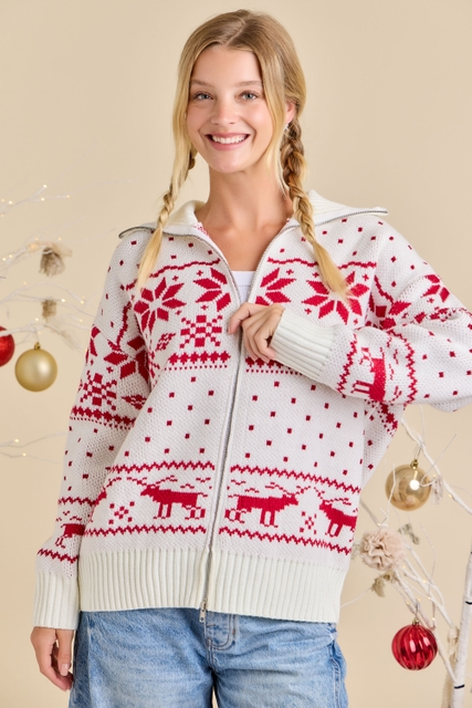 Christmas Faire Isle Knit Sweater Jacket - Main Strip - RARA Boutique 