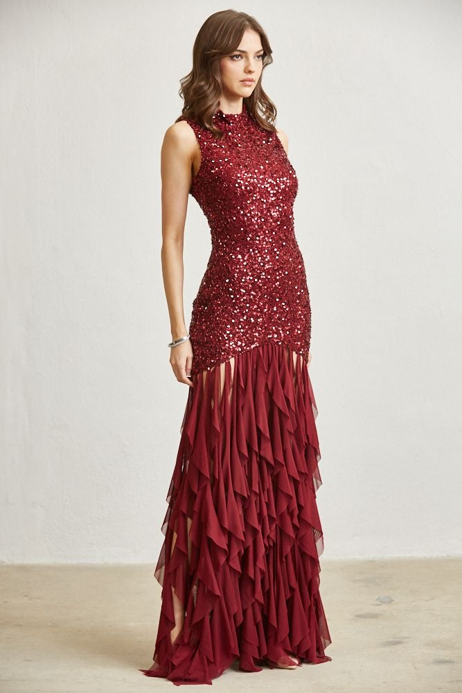 Sequin Ruffle Hem Floor-Length Gown - Blithe - RARA Boutique 
