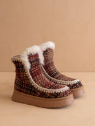 Oasis Society Joyce Mocha Tweed shearling trim platform winter boot showing textured tweed fabric, shearling lining, and sturdy sole