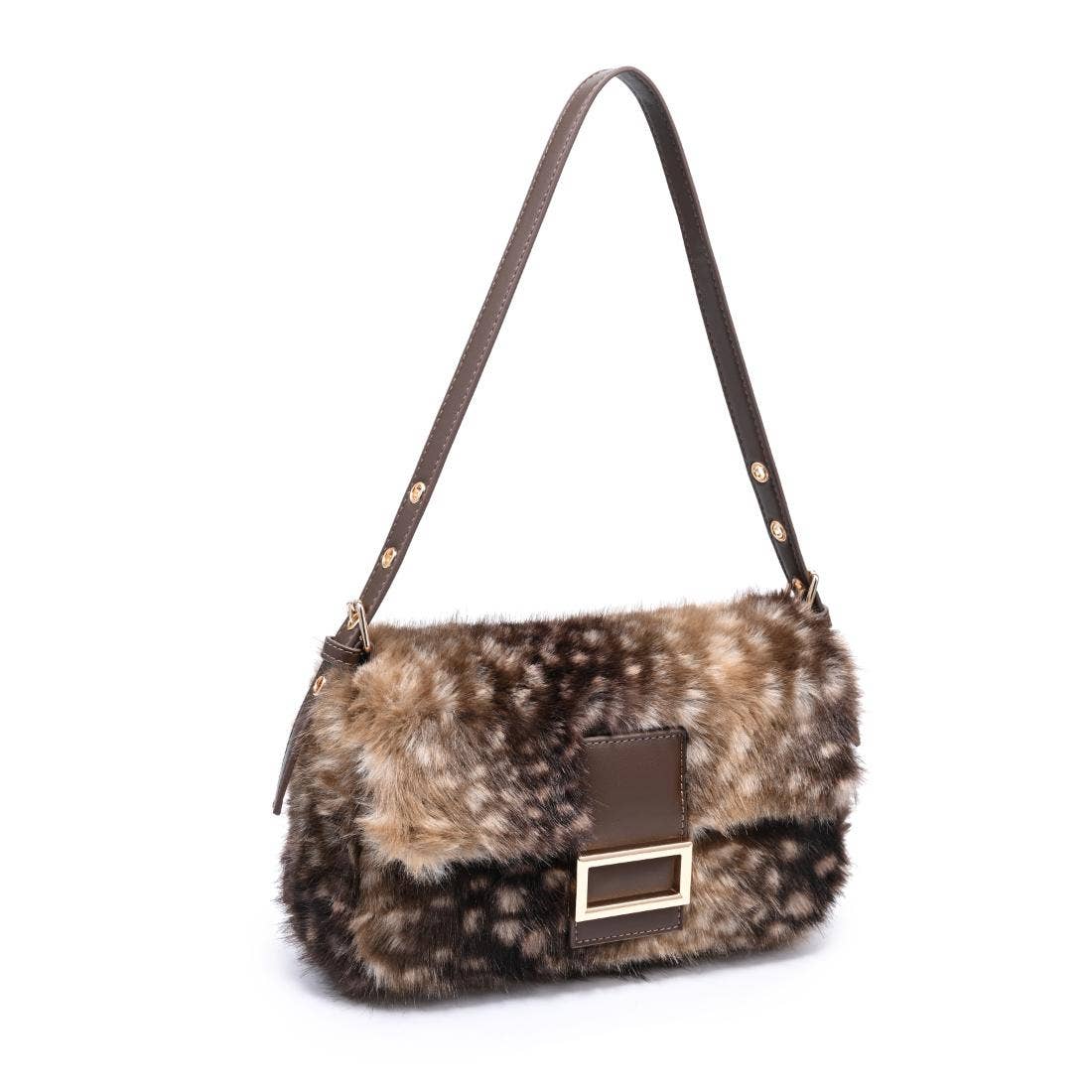 Urban Expressions Tuesday Beverly deer print fur crossbody bag with adjustable strap and zip closure, featuring a stylish, animal-inspired design.