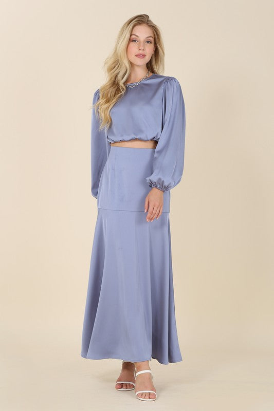 Satin Long Sleeve Top with Maxi Skirt Set - RARA Boutique 