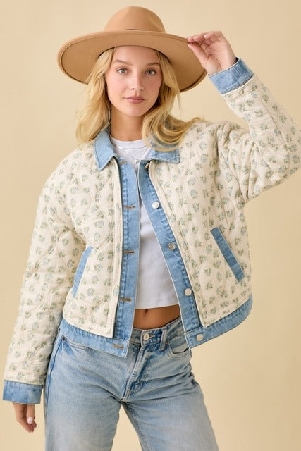 Floral Print Quilted Denim Jacket - Main Strip - RARA Boutique 