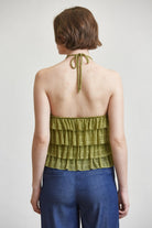 RARA Boutique tiered ruffle halter neck tank top with layered fabric, stylish sleeveless design, and halter neckline.