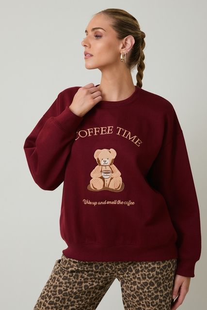 Coffee Time Teddy Bear Embroidered Crewneck Sweatshirt - Sunday Edition - RARA Boutique 
