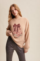 Sequin Bow Western Cowboy Boots Embroidered Sweater - Listicle - RARA Boutique 