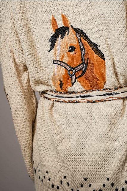 Western Horse & Horseshoe Belted Cardigan Sweater - Blue B - RARA Boutique 