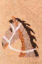LE LIS horse graphic crew neck cardigan with a detailed horse illustration on the front, soft knit fabric, and classic fit.