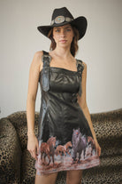 Blue B Western faux leather mini dress with horse print, featuring a stylish and fitted design perfect for casual or evening wear.
