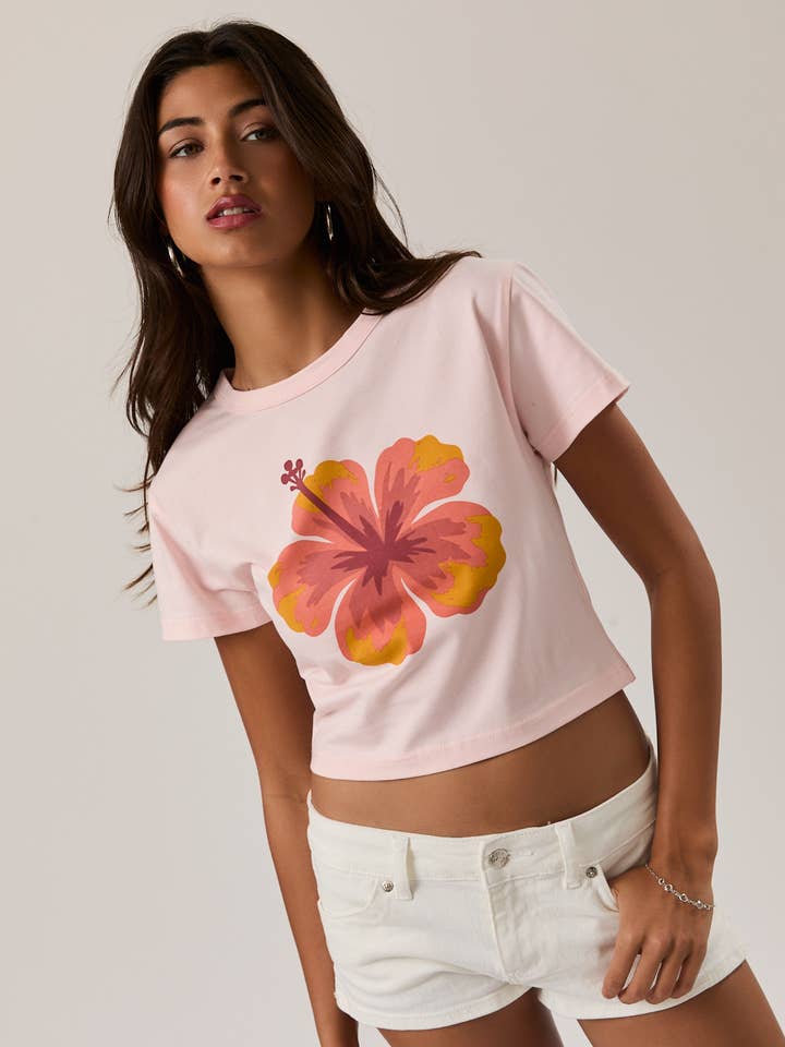 RARA Boutique Hibiscus tropical flower short sleeve cropped baby tee with vibrant floral print and relaxed fit.