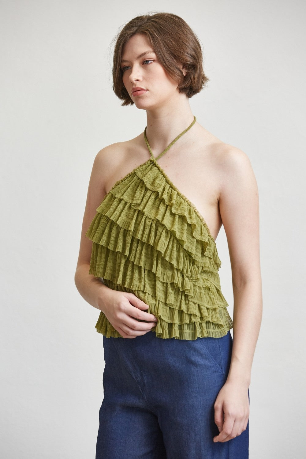 RARA Boutique tiered ruffle halter neck tank top with layered fabric and halter straps, displayed on a neutral background.